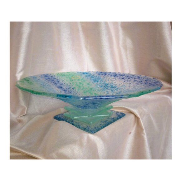 Large Art Deco Styled Controlled Bubble Blown Glass Square Pedestal Based Bowl